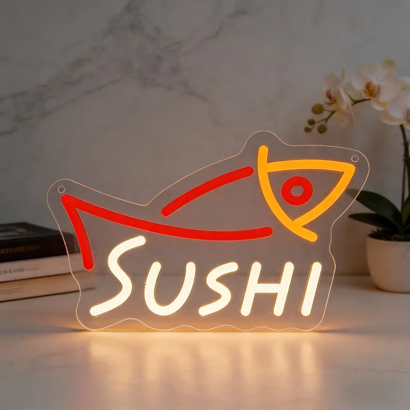Commercial Kitchen Japanese - ไฟนีออนรูปปลาซูชิ LED ปรับความสว่างได้ผ่าน USB แสงสีแดง สำหรับตกแต่งผนังร้านอาหารญี่ปุ่น