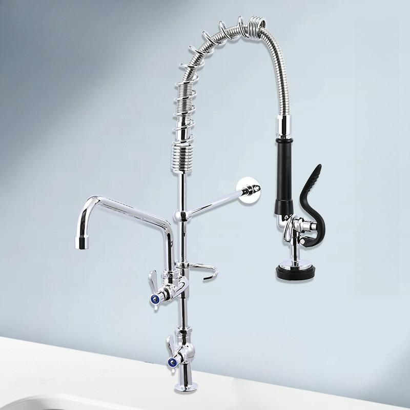 Commercial Kitchen Taps - ก๊อกน้ำสำหรับครัวเชิงพาณิชย์แบบเดี่ยว พร้อมหัวฉีดแบบหมุนได้ รูเดียว คันโยกคู่ สำหรับร้านอาหาร