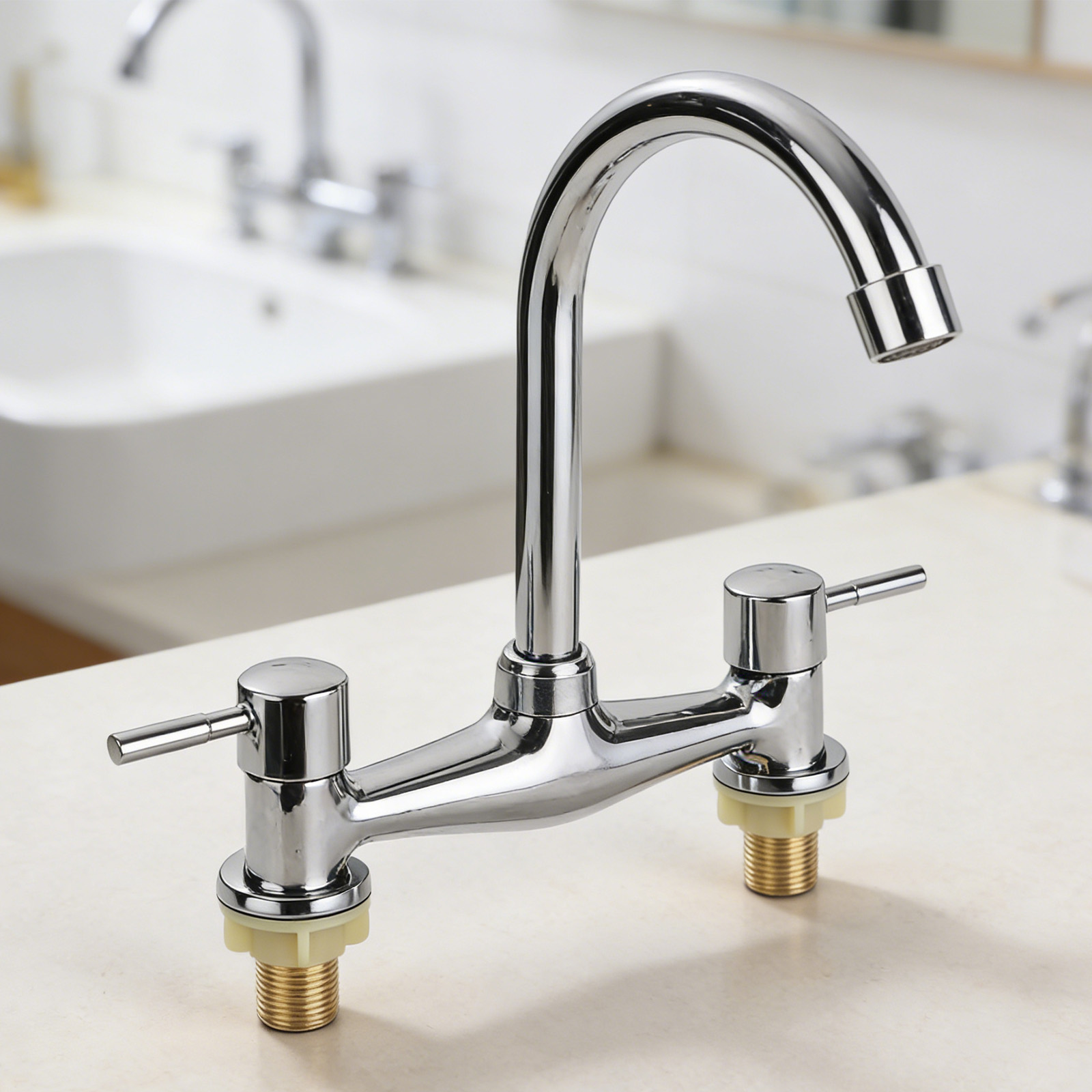 Commercial Kitchen Taps - ก๊อกน้ำอ่างล้างจานแบบโครเมียม 2 หัวแบบคันโยกคู่ รุ่นใหม่ สำหรับน้ำร้อนและน้ำเย็น แบบติดตั้งบนเคาน์เตอร์