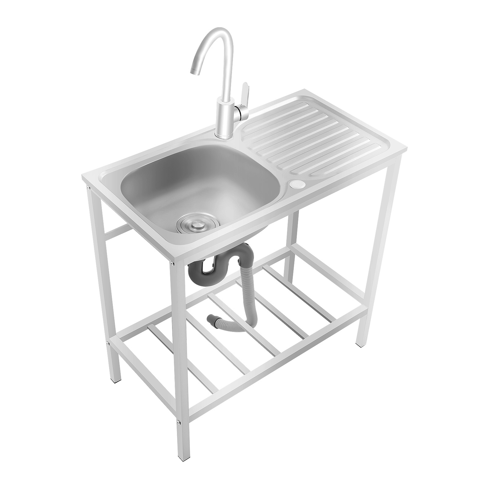 Commercial Kitchen Taps - อ่างล้างจานอเนกประสงค์ สแตนเลสแบบตั้งพื้น พร้อมโต๊ะทำความสะอาดและชั้นวางของ สำหรับโรงรถ ร้านอาหาร ห้องครัว